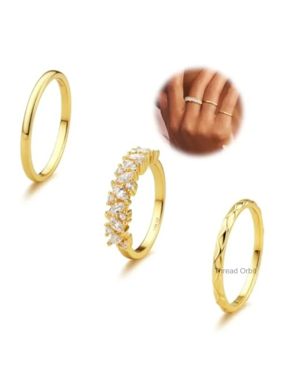 14K Gold Plated Stackable Cubic Zirconia Ring Set, Non Tarnish Dainty Boho